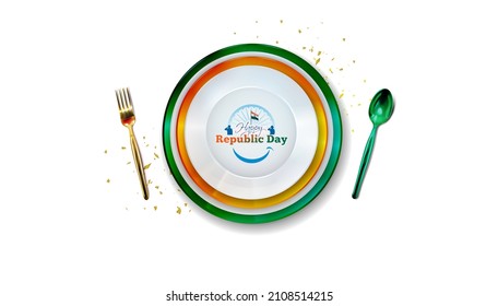 26 January Republic Day Of India Creative Bacground With Food Plate And Tricolor Flag