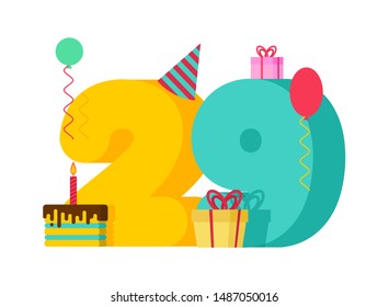 29 year greeting card Birthday. 29th anniversary celebration Template. twenty nine number and festive piece of cake with candle. Balloon and Gift box.
 - Powered by Shutterstock