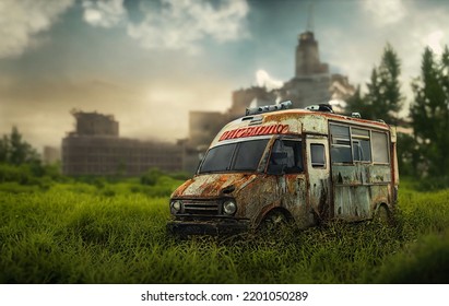 2d Abandoned Hospital Parking Lot With Ambulance