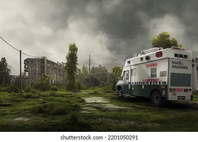 2d Abandoned Hospital Parking Lot With Ambulance