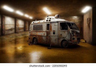 2d Abandoned Hospital Parking Lot With Ambulance