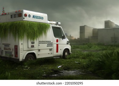 2d Abandoned Hospital Parking Lot With Ambulance