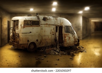 2d Abandoned Hospital Parking Lot With Ambulance