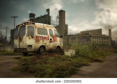 2d Abandoned Hospital Parking Lot With Ambulance