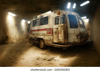 2d Abandoned Hospital Parking Lot With Ambulance