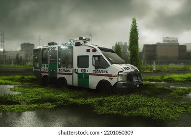 2d Abandoned Hospital Parking Lot With Ambulance