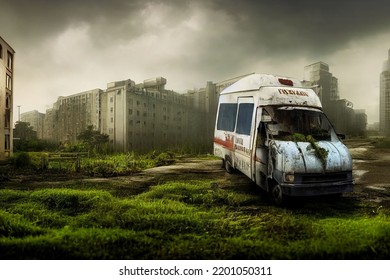 2d Abandoned Hospital Parking Lot With Ambulance