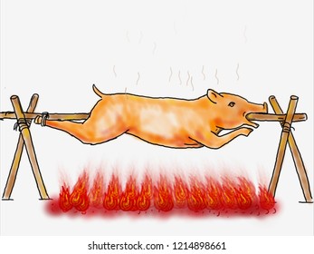 2d Animation motion graphics showing a drawing of a pig or lechon placed over charcoal fire on the stick or rod turned in a rotisserie action, roasting on white background.