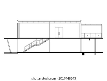 2D CAD sectional drawing 2 stories modern house  The drawing shows the detailed house construction mainly the structure made from steel  The drawing was produced in black   white 