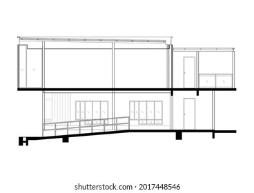 2D CAD sectional drawing 2 stories modern house  The drawing shows the detailed house construction mainly the structure made from steel  The drawing was produced in black   white 