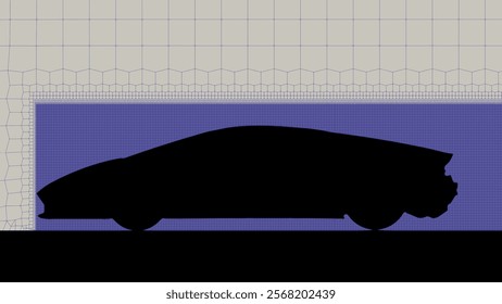 2d computational domain with cut-cell mesh generated by mechanical engineer for computational fluid dynamics study of high speed flow around car showing refined mesh around the body for boundary layer