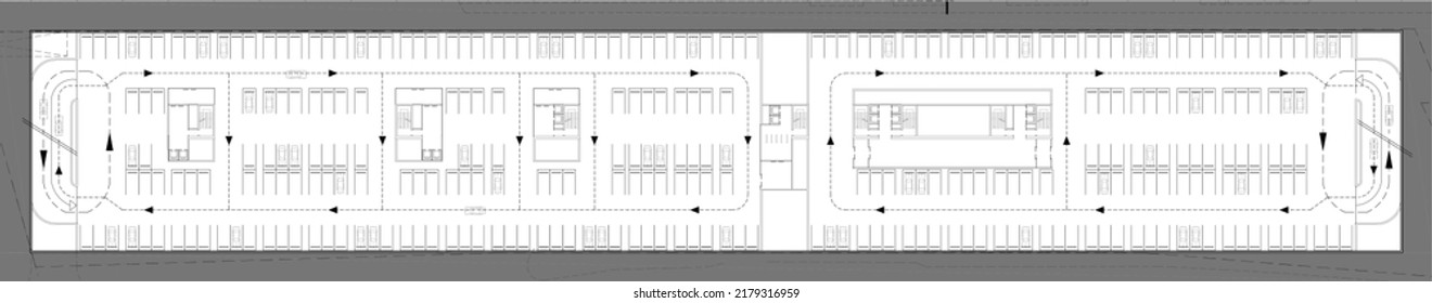 2d Conceptual Architectural Drawing Of A Closed Parking Lot At Basement Floor Of A Mix-used Building.  Longitudinal Space Planning. Vehicle Circulation Directions Are Marked With Arrows. 