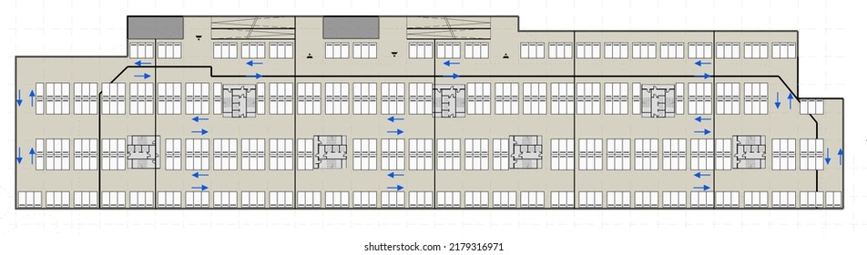 2d Conceptual Architectural Drawing Of A Closed Parking Lot At Basement Floor Of Residential Buildings. Longitudinal Space Planning. Vehicle Circulation Directions Are Marked With Arrows. 