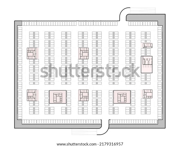 2d conceptual architectural drawing of a\
closed parking lot at basement floor of a mix-used building. \
Longitudinal space planning. Rectangular plan. Cores and technical\
areas are marked with\
colors.