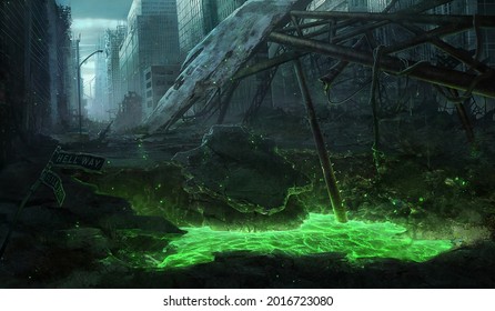 2d digital illustration of apocalypses of a polluted modern urban destroyed city with ruins debris of junk and rocks and directional signs   