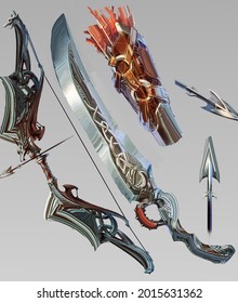 2d digital illustration character design concept of fantasy soldier warrior melee range weapon sets of sword arrow and bow