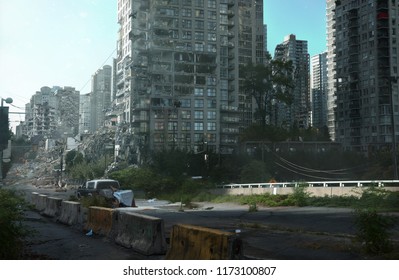 2d digital illustration of a destroyed city with plants overgrowing throughout the scene. This is a world of the future, abandoned and forgotten.
