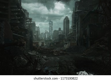 2d цифровая иллюстрация разрушенного города.
