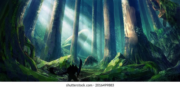 2d digital illustration environment design concept of fantasy fictional adventure traveler warrior solider fighting with evil giant aggressive warg creature monster in deep forest battle field 