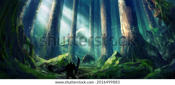 2d digital illustration environment design concept of\
fantasy fictional adventure traveler warrior solider fighting with\
evil giant aggressive warg creature monster in deep forest battle\
field 