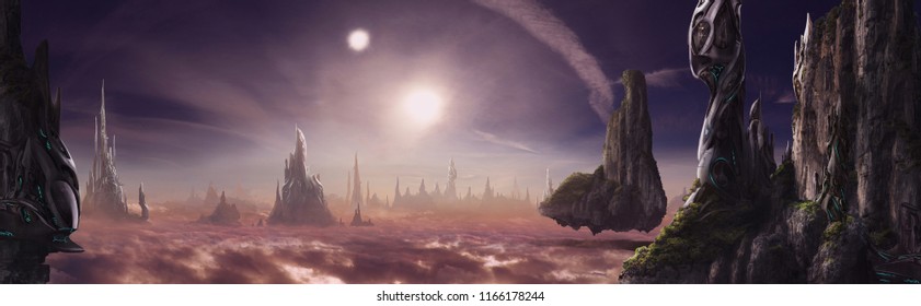 A 2d digital illustration of a fantasy city above the clouds.