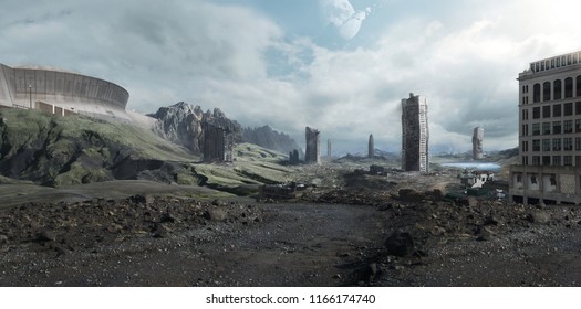 A 2d digital illustration of a future wasteland.