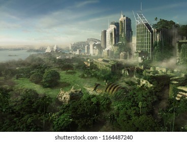 2d digital illustration of a futuristic cityscape overgrown with lush trees.