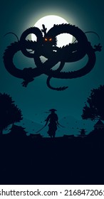 2D Dragon And Samurai Illustration For Mobile Wallpaper. A Samurai Standing In Front Of A Angry Dragon To Cut Him And Save His Village From Dragon. 