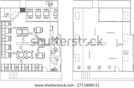 2D Drawing Layout Plan of Two-Story Restaurant Furniture Arrangement with Kitchen – Ground Floor and Second Floor