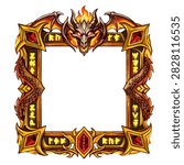 2D game UI legendary fire dragon avatar frame with glowing runes and rubies, fantasy GUI border isolated on white background.