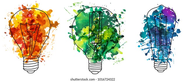 2d Hand Drawn Illustration Of Three Edison's Bulb. Colorful Splash Watercolor Isolated On Lightbulb Shape. Ink Sketch, Doodle On White Background. Idea And Solution Concept.