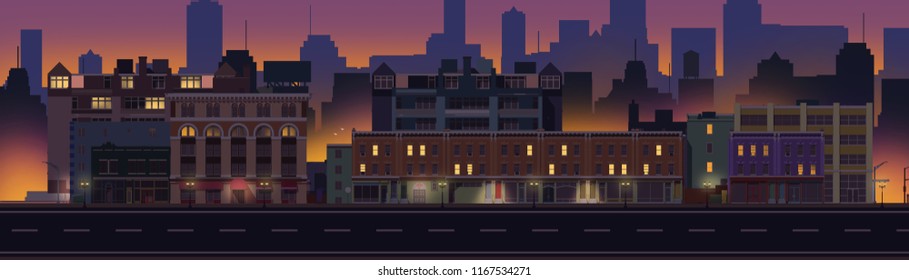 A 2d Illustrated City Block At Night. 