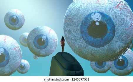 2d illustration. Abstract dreamlike motivational image. Illustration of person being in a dream in imaginary world. Observation. Eye looking at you.