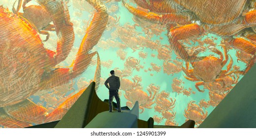 2d Illustration. Abstract Dreamlike Motivational Image. Illustration Of Person Being In A Dream In Imaginary World. Crab Sealife.