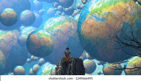 2d illustration. Abstract dreamlike motivational image. Illustration of person being in a dream in imaginary world. Earth planet.