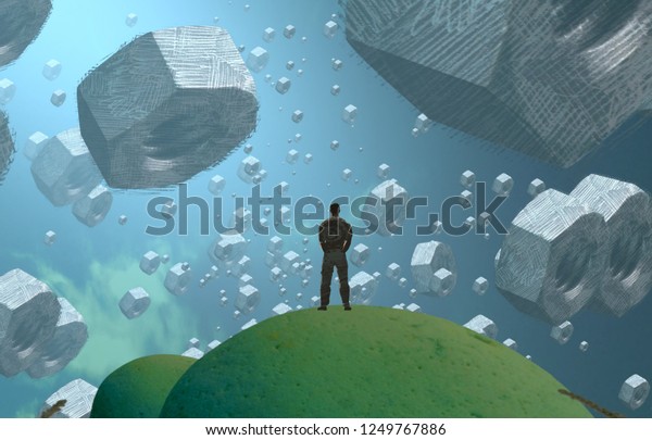 2d illustration. Abstract dreamlike motivational\
image. Illustration of person being in a dream in imaginary world.\
Metal Screw