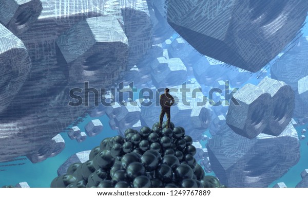 2d illustration. Abstract dreamlike motivational\
image. Illustration of person being in a dream in imaginary world.\
Metal Screw