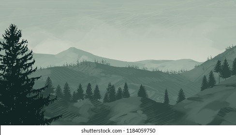 Nature Landscape Background Silhouettes Mountains Trees Stock Vector ...