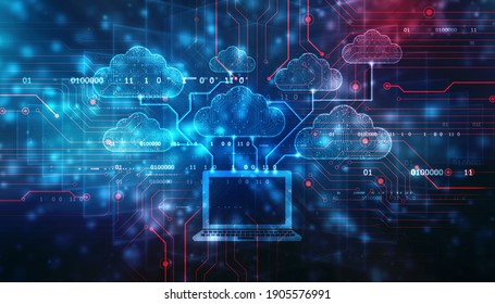 2d Illustration Of Cloud Computing, Digital Cloud Computing Concept Background. Cyber Technology, Internet Data Storage, Database And Mobile Server Concept