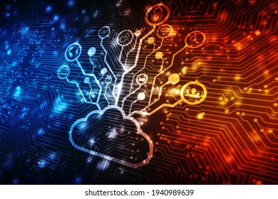 2d illustration of Cloud computing, Digital Cloud computing Concept background. Cyber technology, internet data storage, database and mobile server concept