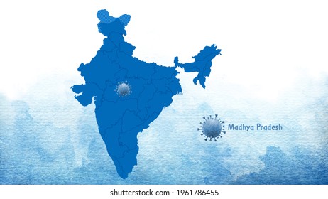 2D Illustration Of Corona Virus With Location Of Madhya Pradesh Marked On The Map Of India