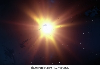2d illustration. Deep interstellar space background. Bright stars flash, planets, moons and comets. Various science fiction creative backdrops. Space art.