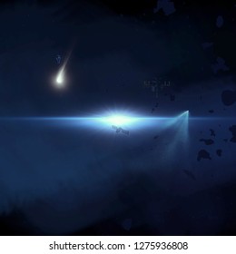 2d illustration. Deep vast space. Bright stars, planets, moons. Various science fiction creative backdrops. Space art. Alien solar systems. Distant space. Realistic background cosmos.