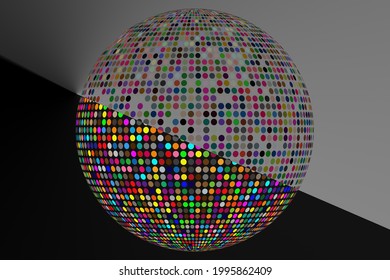 A 2D Illustration Of A Disco Ball With A Diagonal Split In The Gray And Black Background