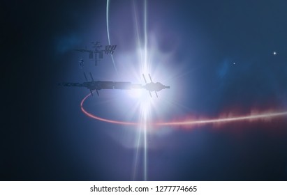 2d illustration. Empty interstellar space background. Bright stars flash, planets, moons and comets. Various science fiction creative backdrops. Space art.