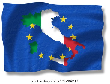 2D Illustration Of Italy In Front Of A Flag Of The European Union (EU) Basmap: Nasa Baseflag: Selfdrawn