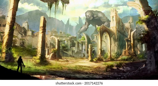 2d Illustration Mix Media Of Fantasy Adventure In Remote Ancient Abandoned Ruin City Civilization With Giant Monster Creature Guarding The Gate Town Villages In Deserted Place  