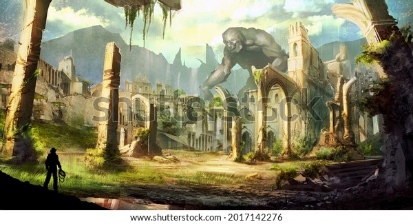2d\
illustration mix media of fantasy adventure in remote ancient\
abandoned ruin city civilization with giant monster creature\
guarding the gate town villages in deserted place \
