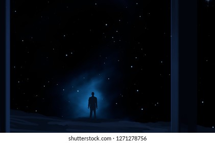 2d illustration. Realistic star pattern background. Deep interstellar space. Bright stars, planets and moons. Various science fiction creative backdrops. Space art. Imaginary cosmic backdrop.