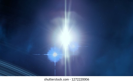 2d illustration. Realistic star pattern background. Deep interstellar space. Bright stars, planets and moons. Various science fiction creative backdrops. Space art. Imaginary cosmic backdrop.